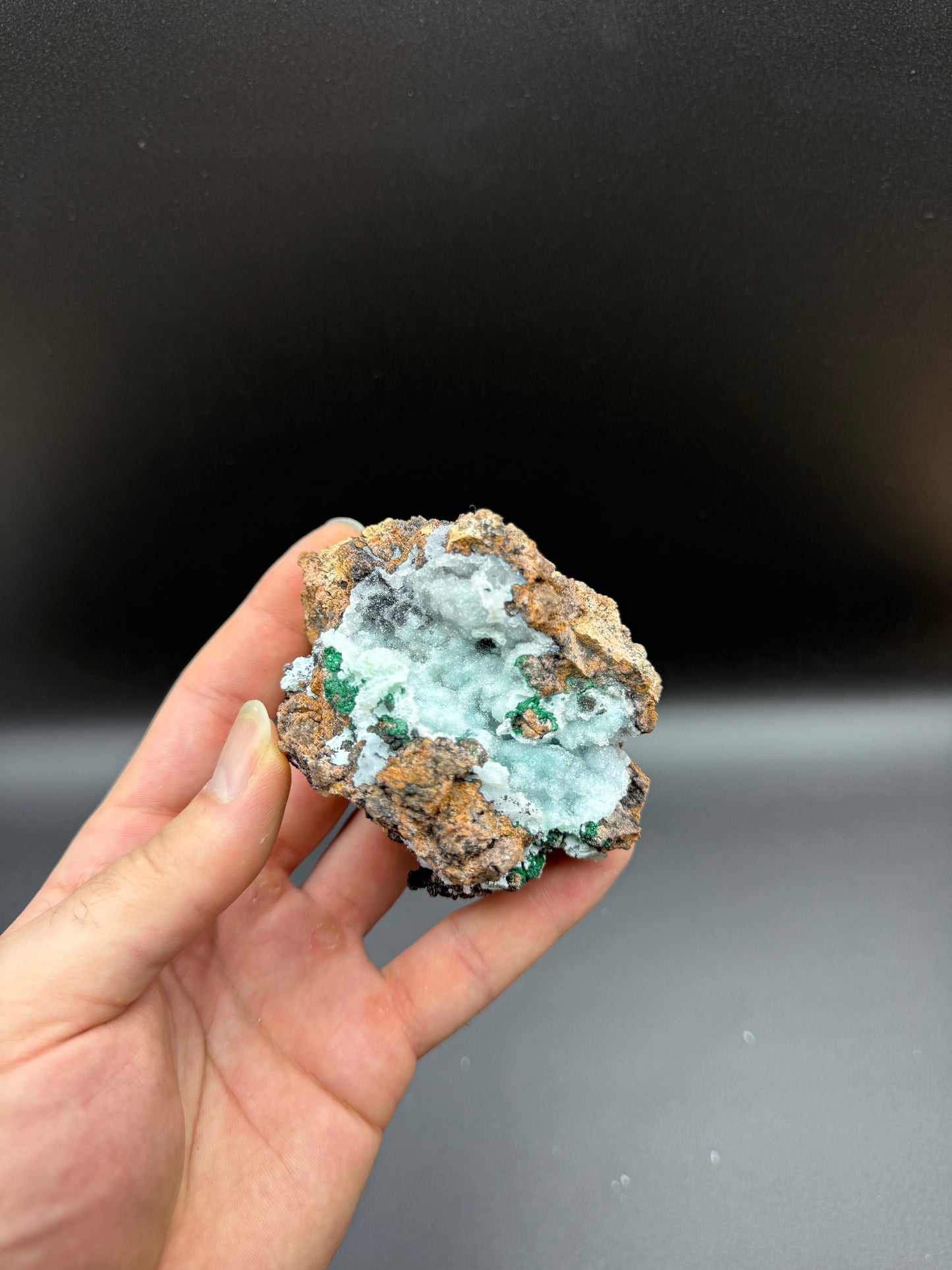 MALACHITE WITH DRUZY QUARTZ ON CHRYSOCOLLA - LIKASI, CONGO