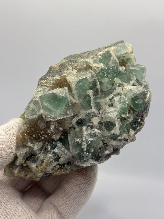 GREEN 'SUGAR' FLUORITE AND QUARTZ - XIA YANG MINE, CHINA